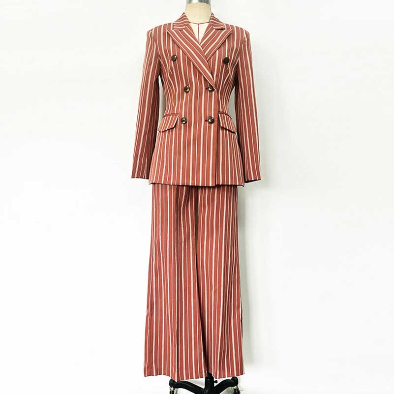 Stripe-Pattern Double-Breasted Blazer Suit Brown Pantsuit