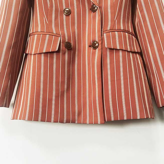 Stripe-Pattern Double-Breasted Blazer Suit Brown Pantsuit