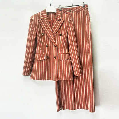Stripe-Pattern Double-Breasted Blazer Suit Brown Pantsuit