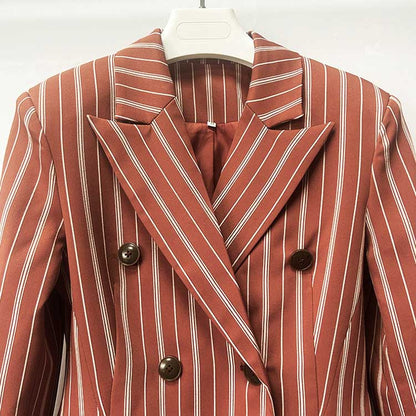 Stripe-Pattern Double-Breasted Blazer Suit Brown Pantsuit