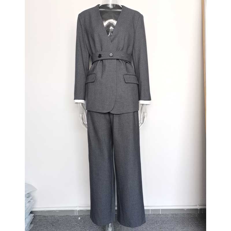 Belted Blazer Pantsuit in Black Grey | Women's Formal Wear