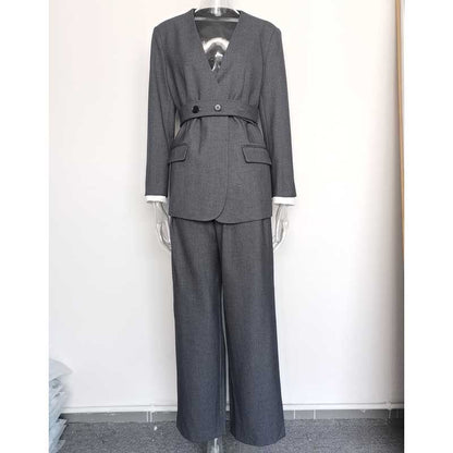 Belted Blazer Pantsuit in Black Grey | Women's Formal Wear