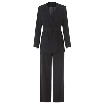 Belted Blazer Pantsuit in Black Grey | Women's Formal Wear