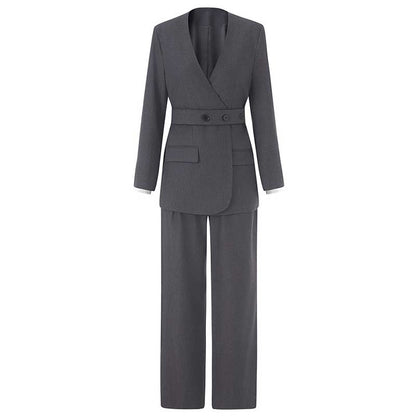 Belted Blazer Pantsuit in Black Grey | Women's Formal Wear