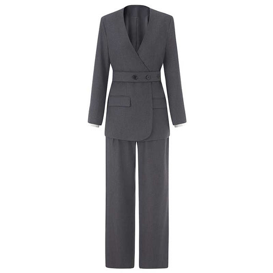 Belted Blazer Pantsuit in Black Grey | Women's Formal Wear