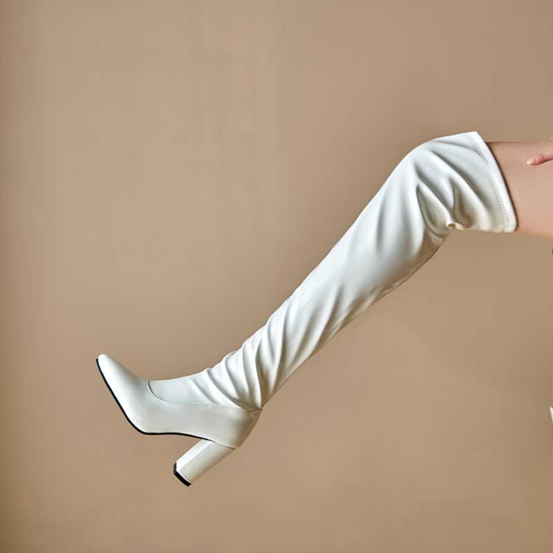 White women's chunky heel boots for prom with over-the-knee design by NONEBT