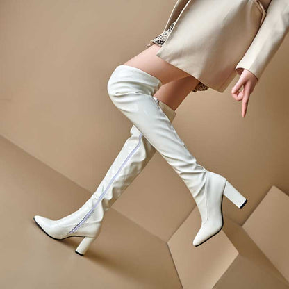 White women's chunky heel boots for prom with over-the-knee design and block heels