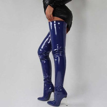 Glossy blue women's over the knee stiletto boots with high heels and pointed toes