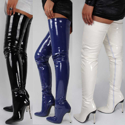 Set of women's over the knee stiletto boots in black, blue, and white glossy finish with high heels