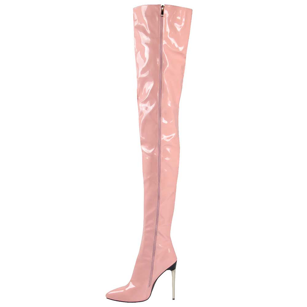 Glossy pink women's over the knee stiletto boots with pointed toe and high thin heel
