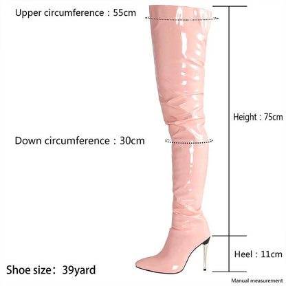 Pink women's over the knee stiletto boots with 11cm heel and 75cm height showcasing measurements