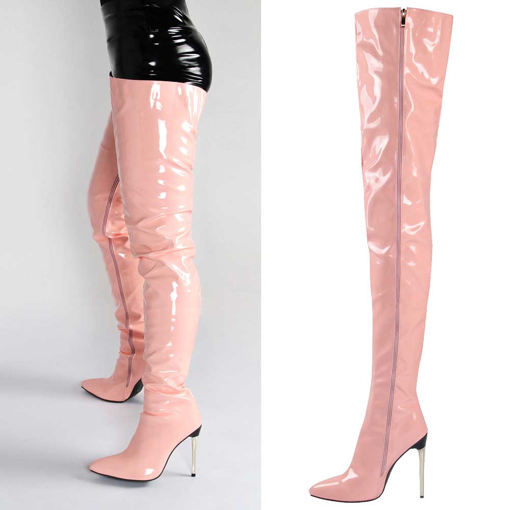 Pink women's over the knee stiletto boots with shiny patent finish and side zipper