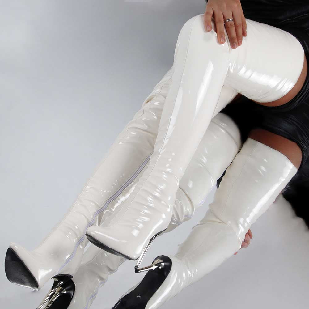Glossy white women's over the knee stiletto boots with high heels and side zippers