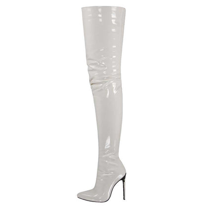 White women's over the knee stiletto boots with a glossy finish and pointed toe design