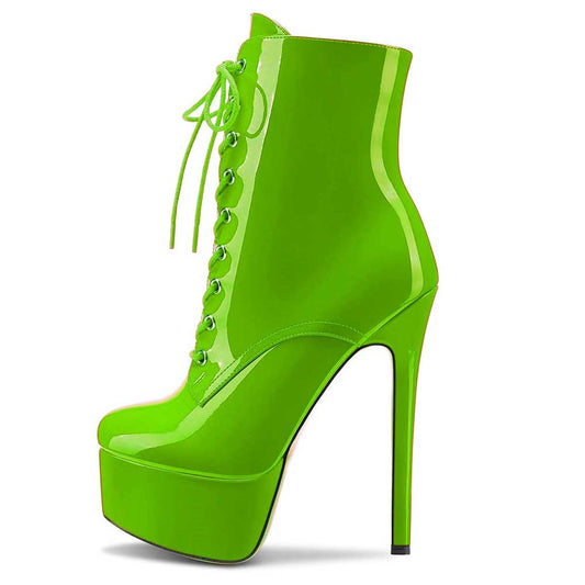 Bright green women's patent leather stiletto boots with lace-up front and platform ankle design