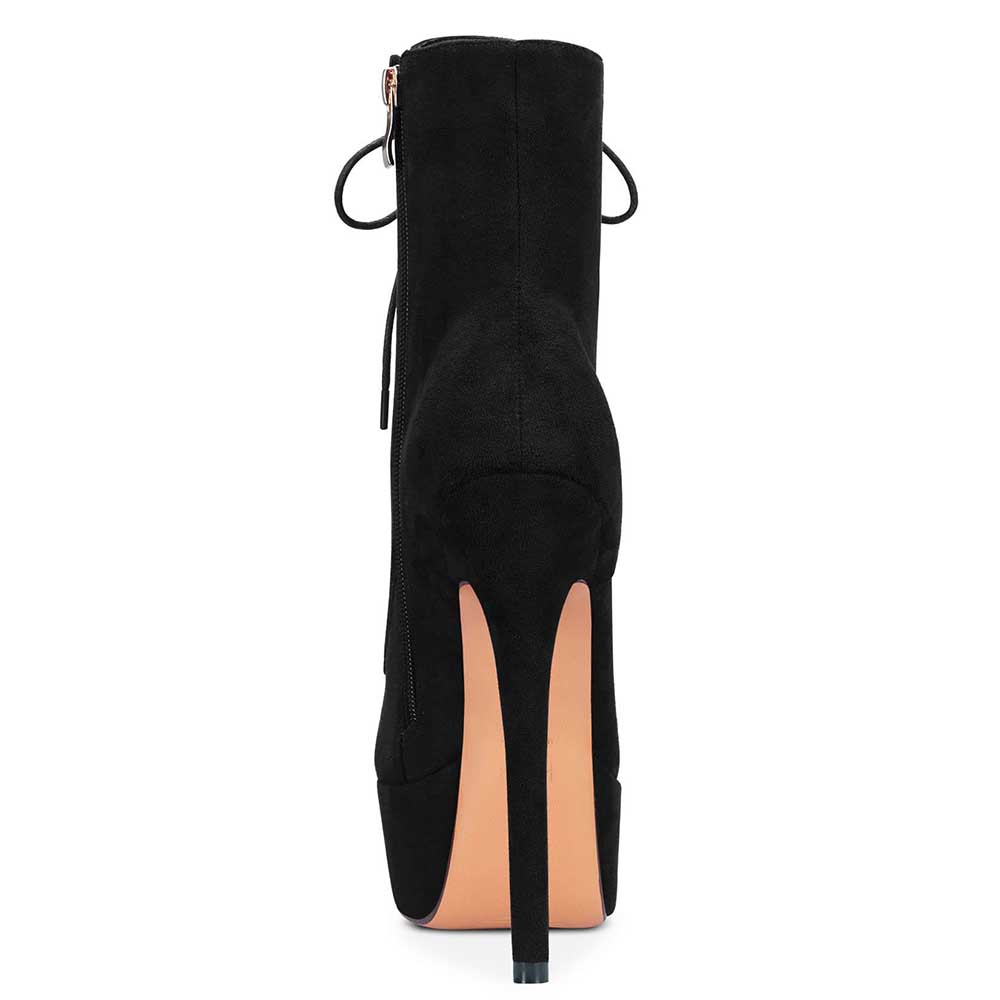 Black women's platform ankle boots with high stiletto heel and zipper closure