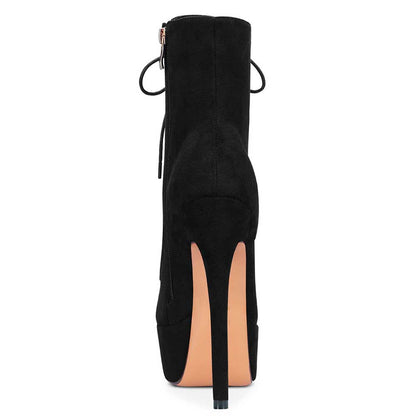 Black women's platform ankle boots with high stiletto heel and zipper closure