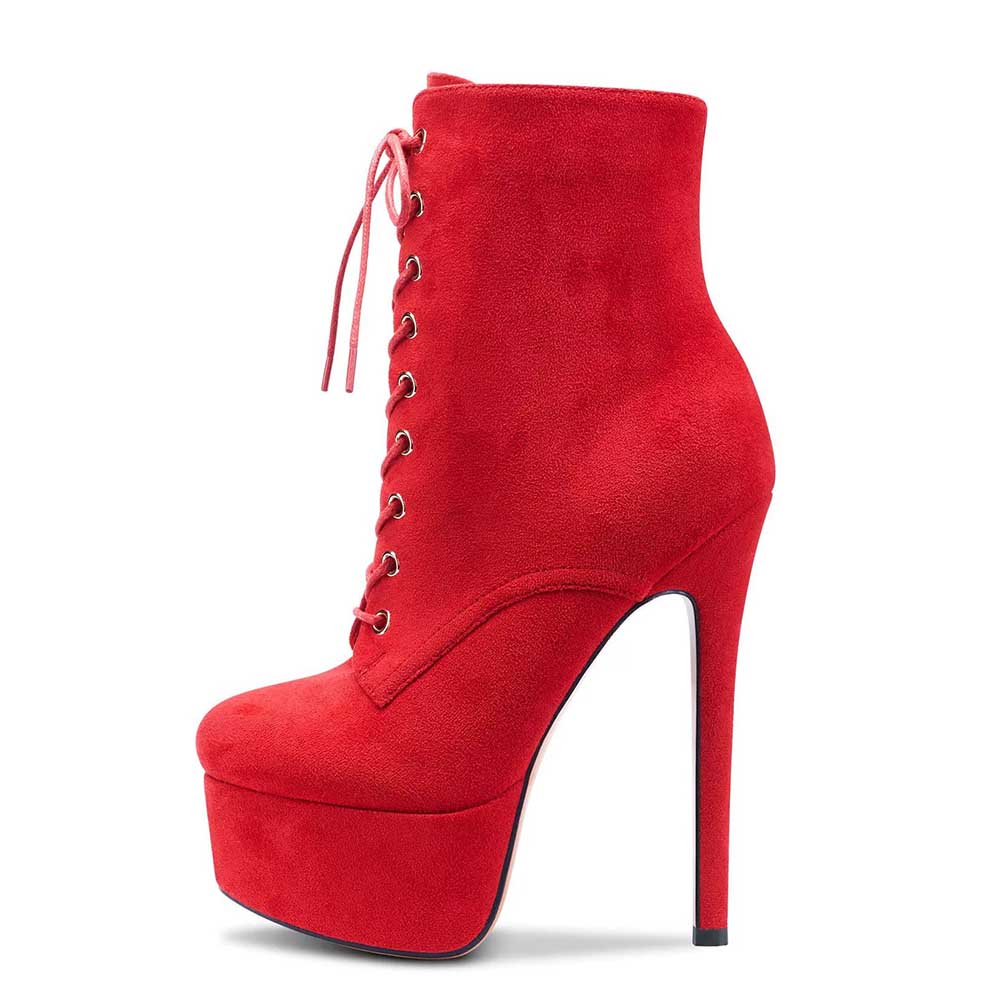 Red women's platform ankle boots with high stiletto heel and lace-up design