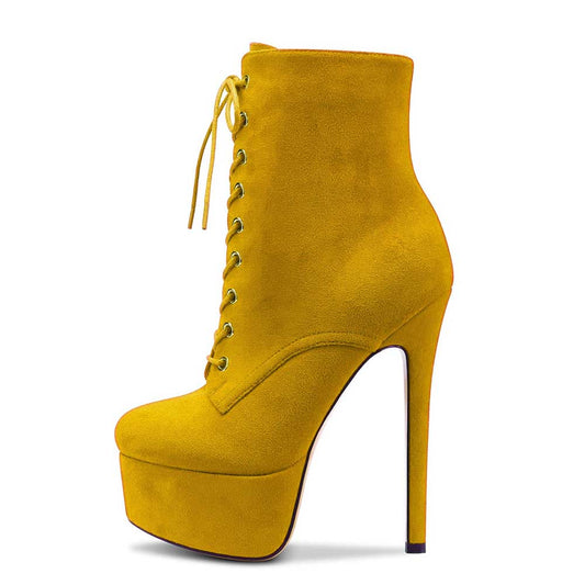 Yellow suede women's platform ankle boots with high stiletto heel and lace-up front