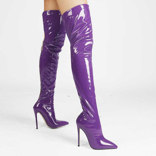 Shiny purple womens stiletto thigh high boots with pointed toes and high heels