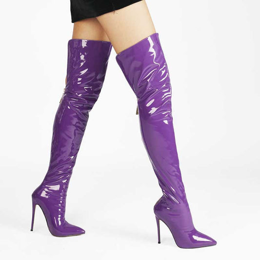 Glossy purple womens stiletto thigh high boots with pointed toes and high heels
