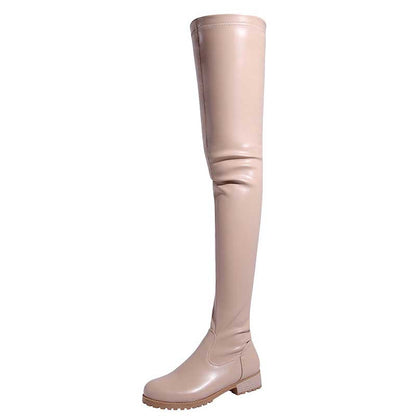 Beige womens thigh high boots with flat sole and round toe design for stylish comfort