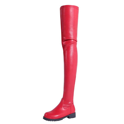 Red womens thigh high boots with low heel and round toe design for stylish wear