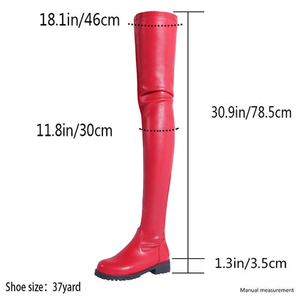 Red womens thigh high boots with flat soles and detailed height measurements
