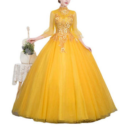 Standard Collar Tulle Yellow Ball Gown Dress With Sleeves