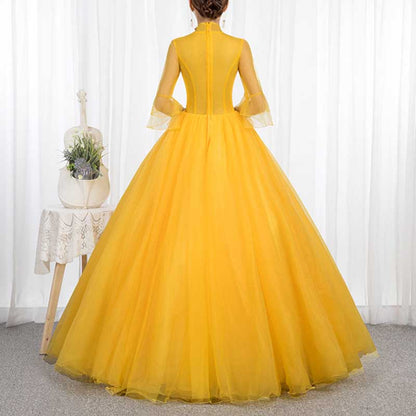 Standard Collar Tulle Yellow Ball Gown Dress With Sleeves