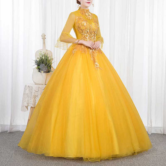 Standard Collar Tulle Yellow Ball Gown Dress With Sleeves