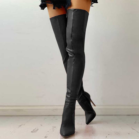 Black zipper long party boots for women with pointed toes and high stiletto heels